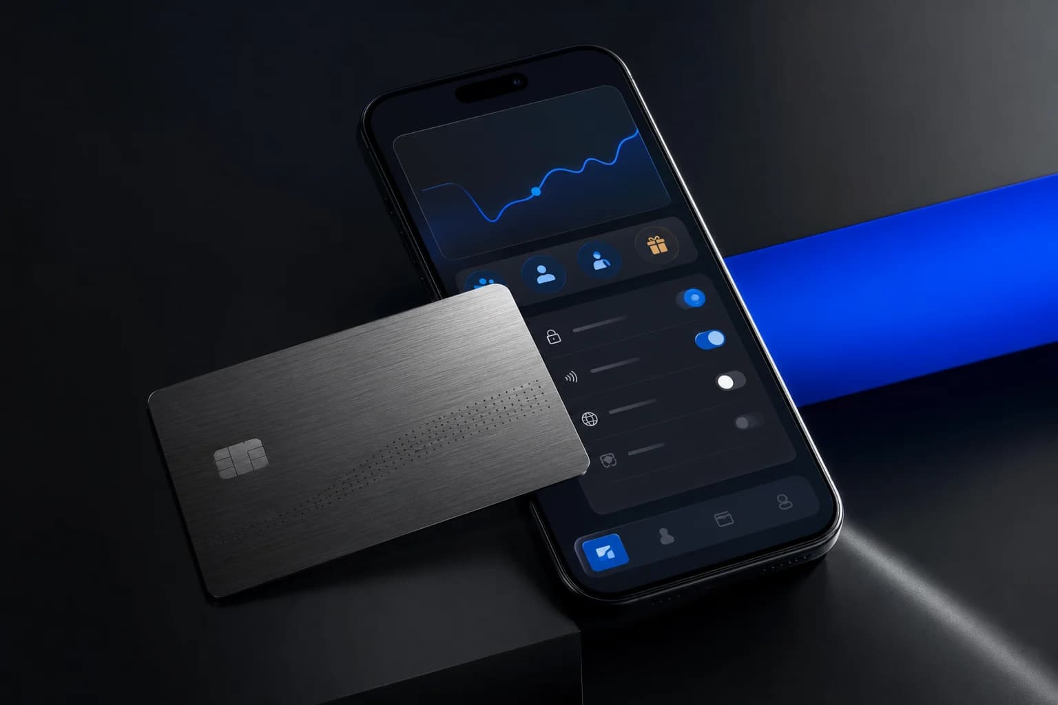 Dark fintech product scene with a metal payment card and mobile banking interface