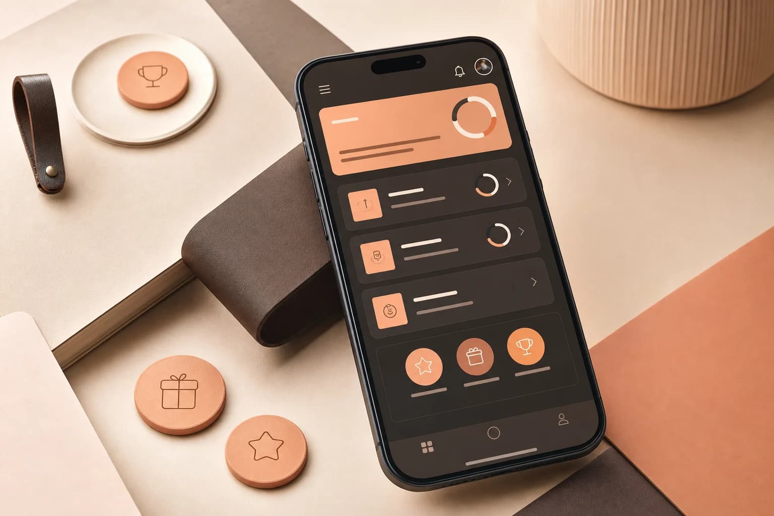 Warm-toned mobile task and rewards product interface