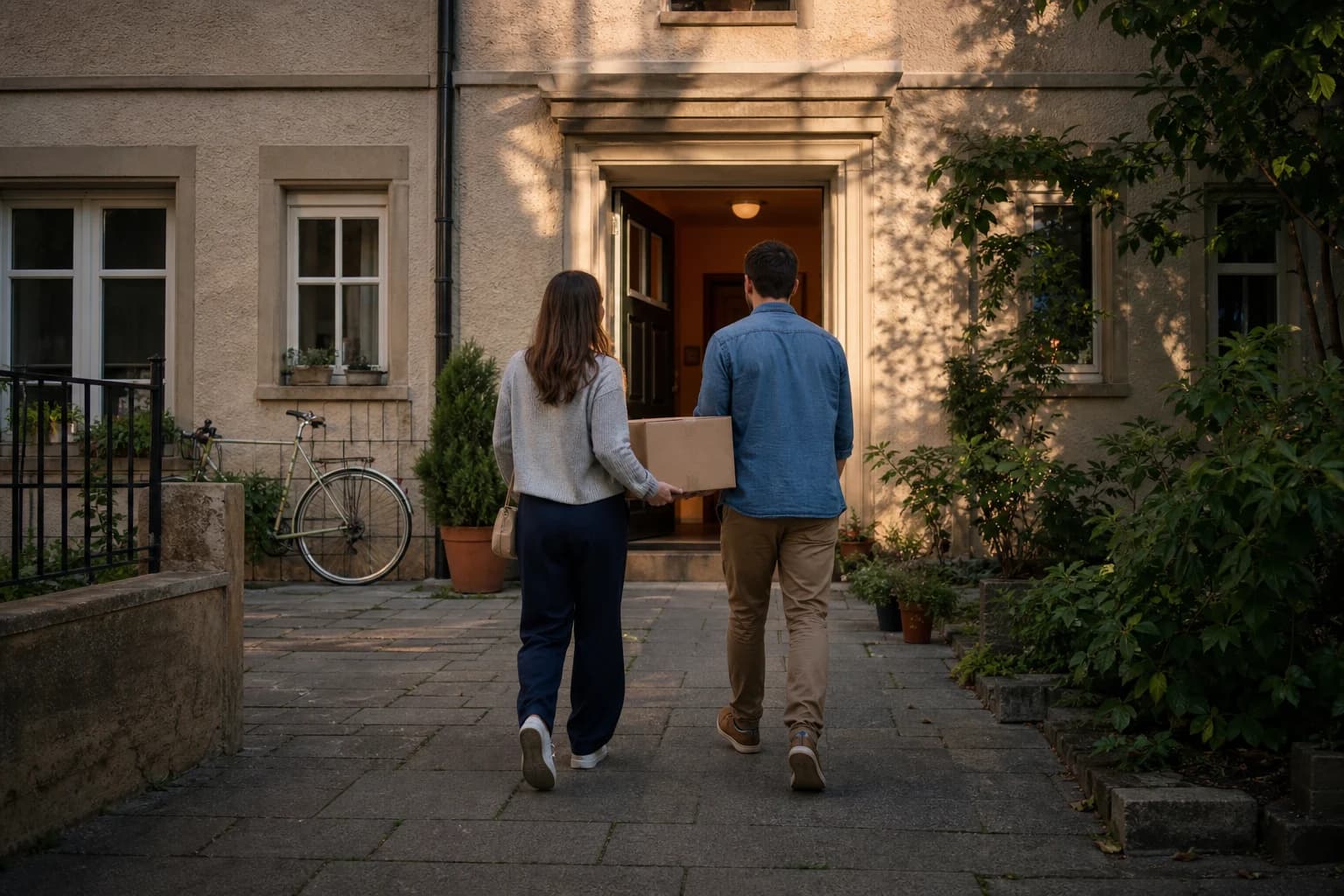 Two people carrying a moving box toward a welcoming residential entrance